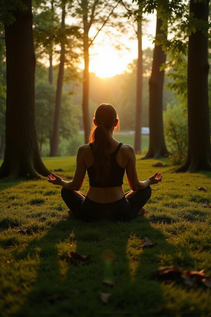 Person meditating peacefully in a forest at sunrise to promote relaxation and eco-awareness