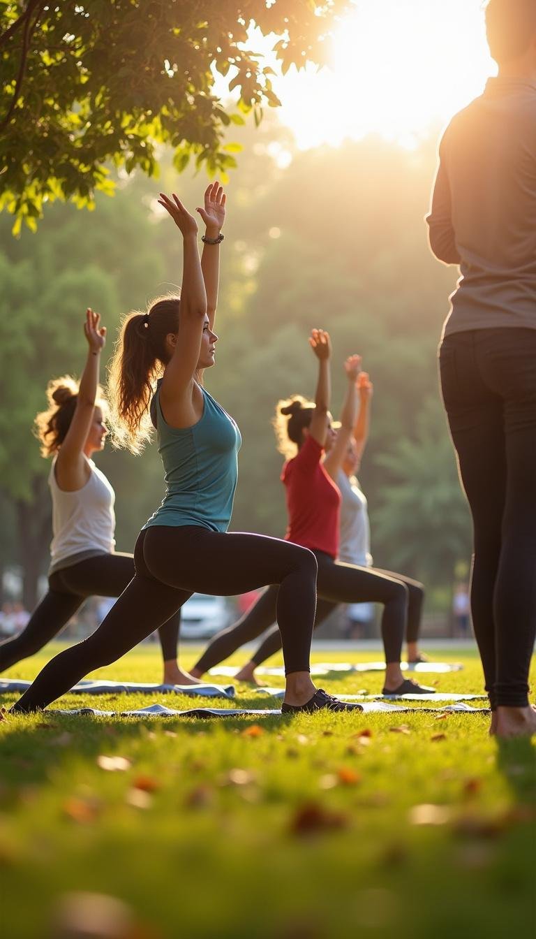 Diverse group practicing yoga outdoors to support wellness and reduce eco-anxiety