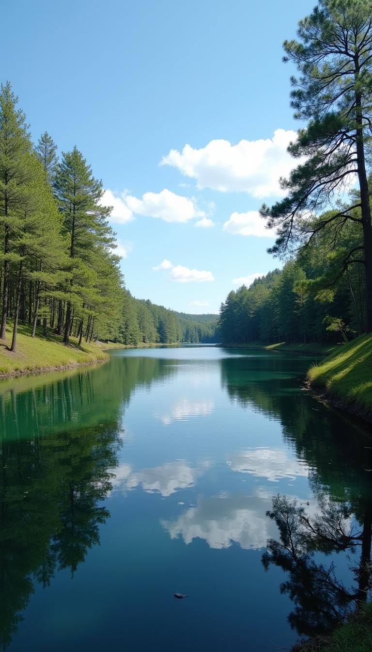 Calm lake with trees reflecting in the water, symbolizing peace and connection with the environment