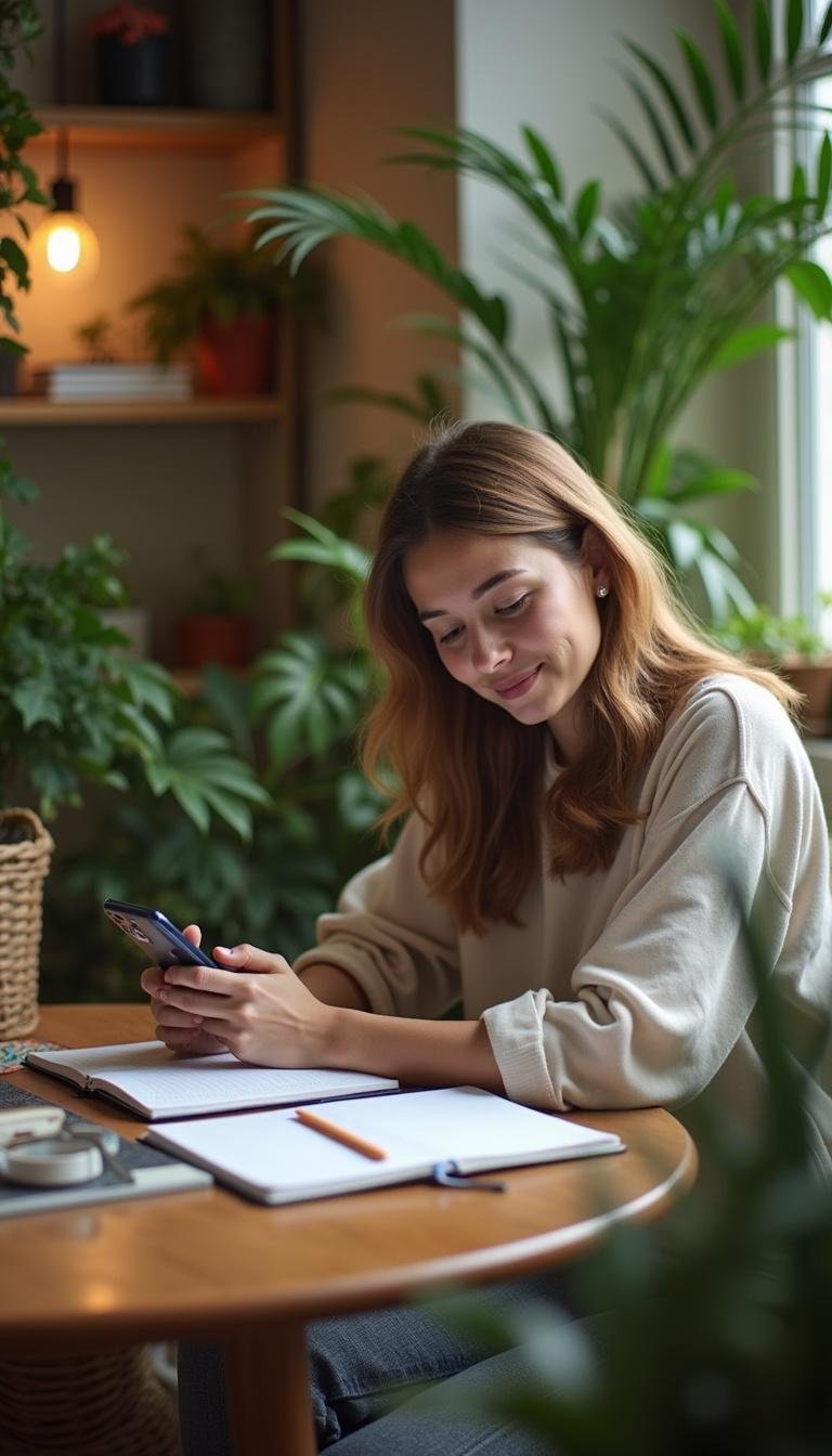 Individual journaling near houseplants to encourage mindfulness and natural stress management