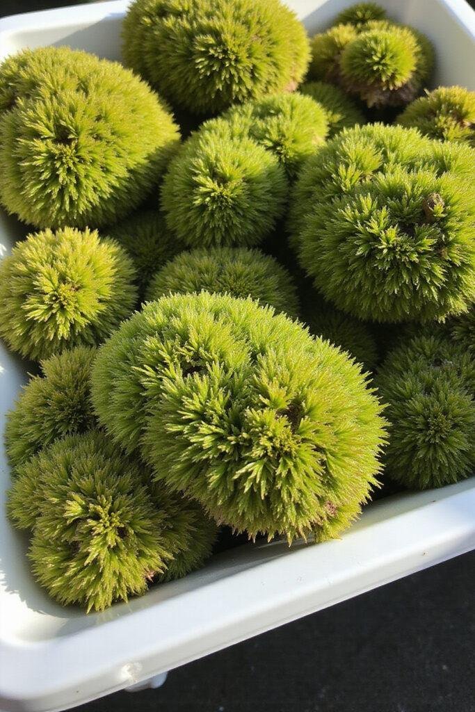 Fresh sea moss on display at a market, showcasing its greenish-brown color and textured surface