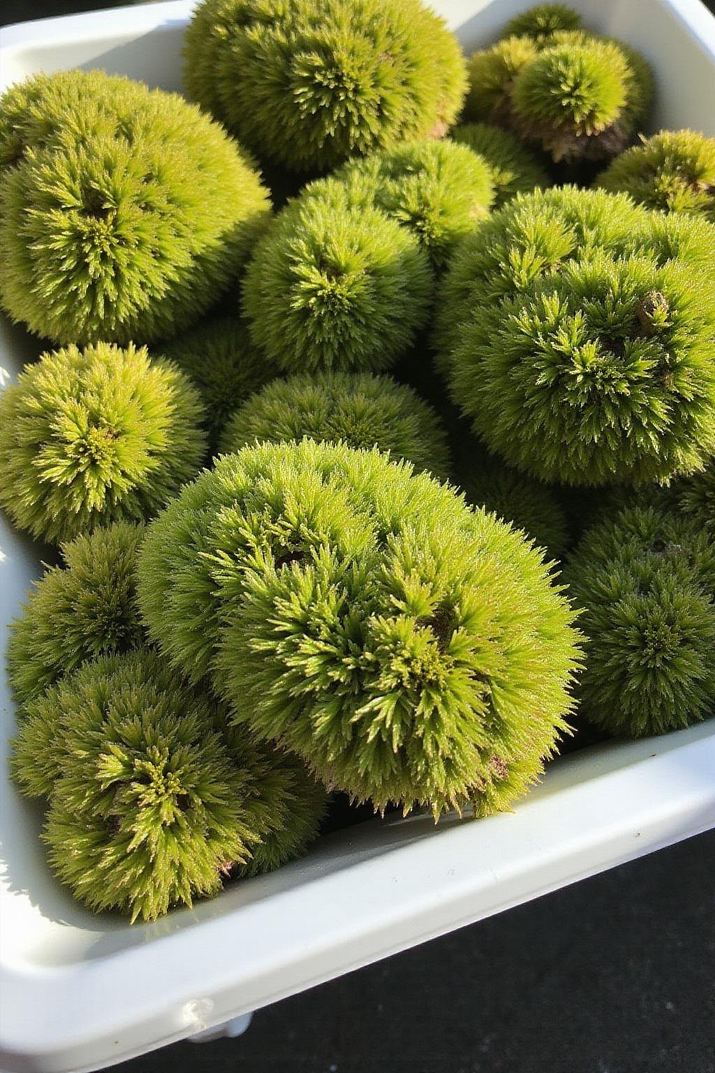 Fresh sea moss on display at a market, showcasing its greenish-brown color and textured surface
