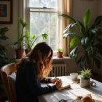 A person expressing gratitude by writing in a journal surrounded by natural light and indoor plants