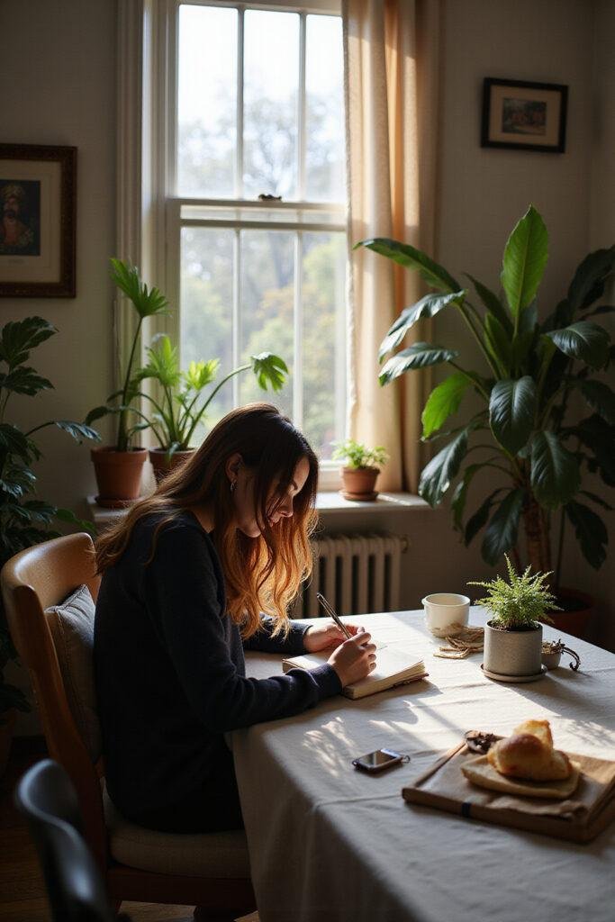 A person expressing gratitude by writing in a journal surrounded by natural light and indoor plants