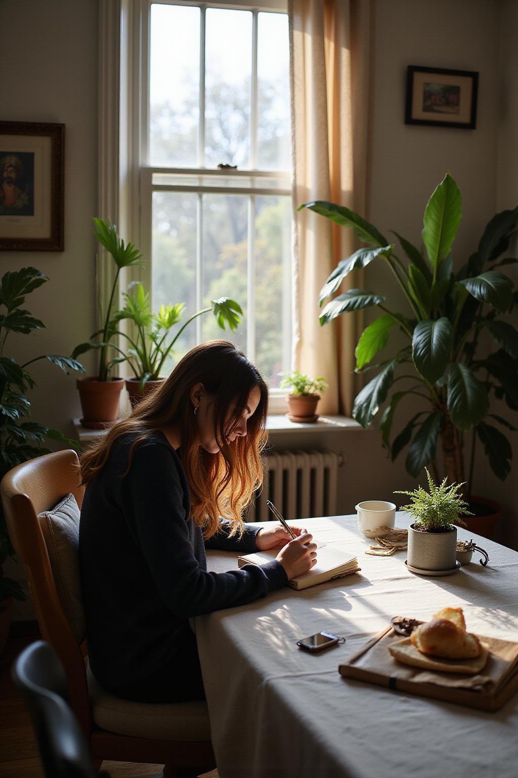 A person expressing gratitude by writing in a journal surrounded by natural light and indoor plants