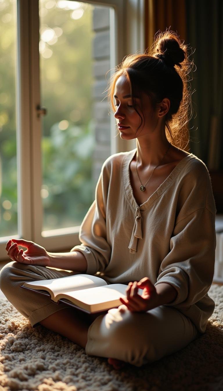 Person meditating with a gratitude journal placed beside them, symbolizing mental health and mindfulness