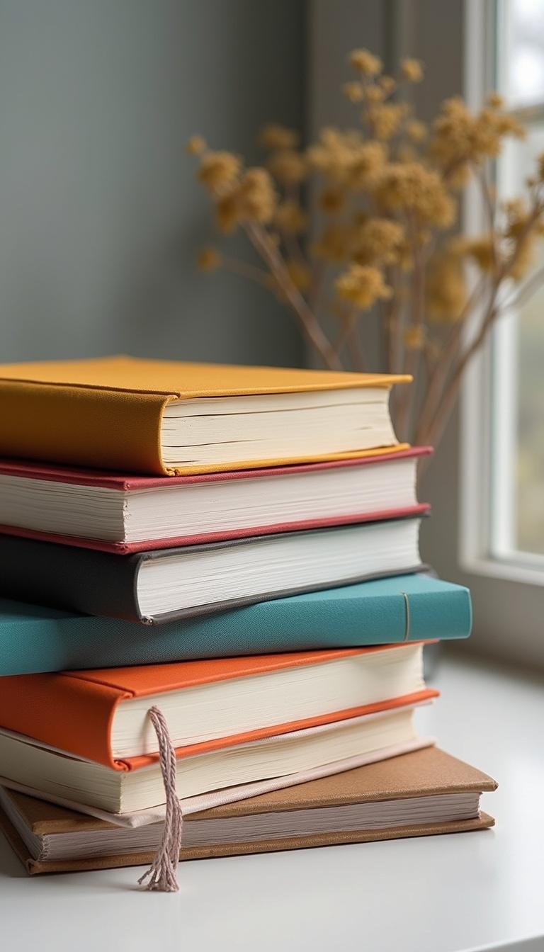 Several gratitude journals and notebooks stacked together, representing journaling for mental well-being