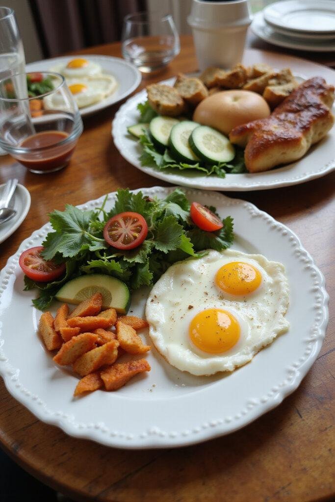 Healthy meal featuring eggs, vegetables, and nuts suitable for pro metabolic eating