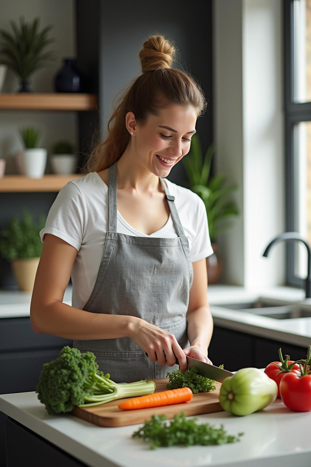 Woman cooking a balanced meal with vegetables and healthy fats for pro metabolic diet