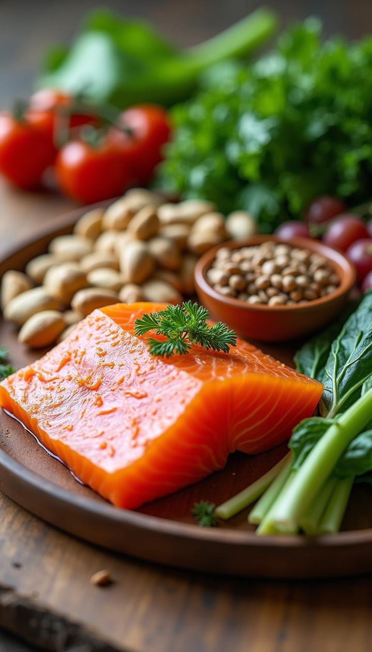 Assorted nutrient-rich foods ideal for pro metabolic eating, including fish, greens, and nuts