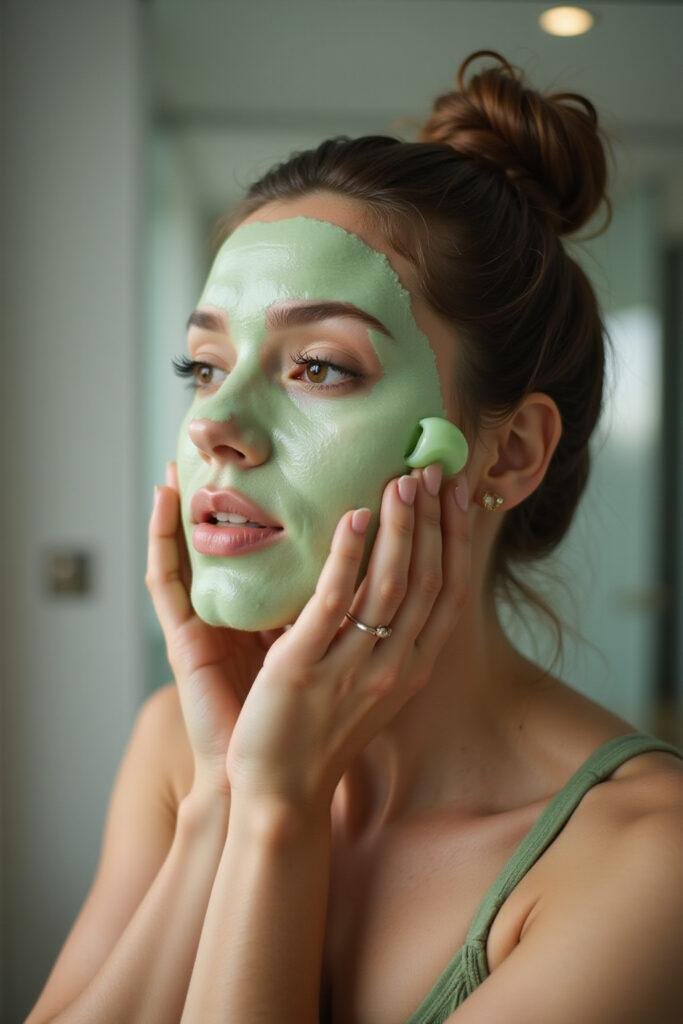 Young woman using a jade facial roller for skincare in a bright bathroom setting