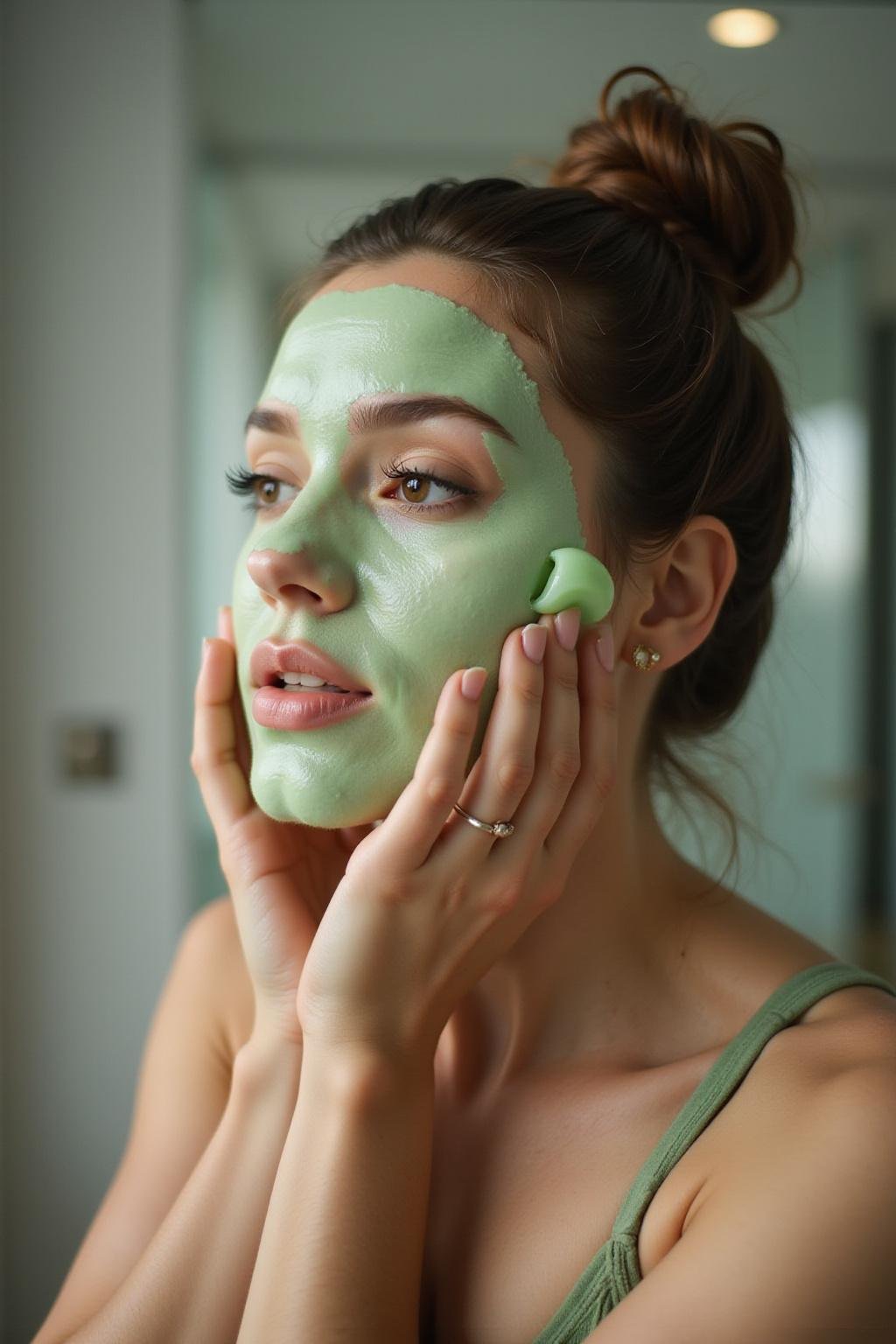 Young woman using a jade facial roller for skincare in a bright bathroom setting