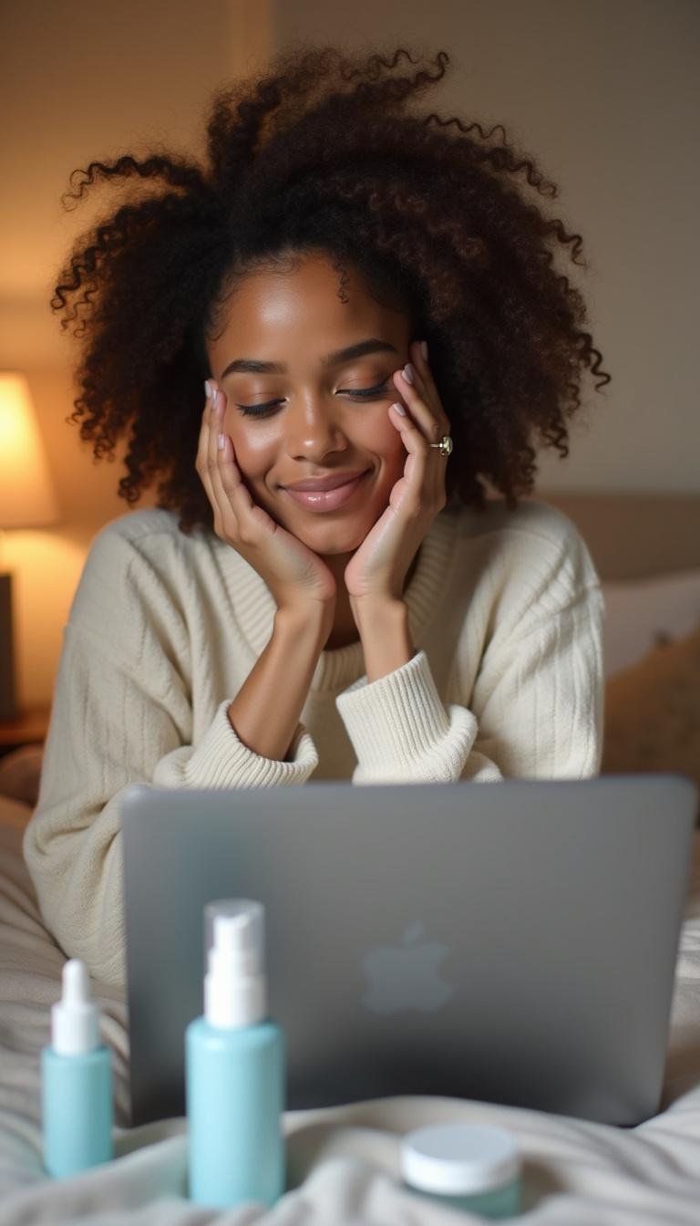Individual researching trendy skincare fads online to determine safety and effectiveness