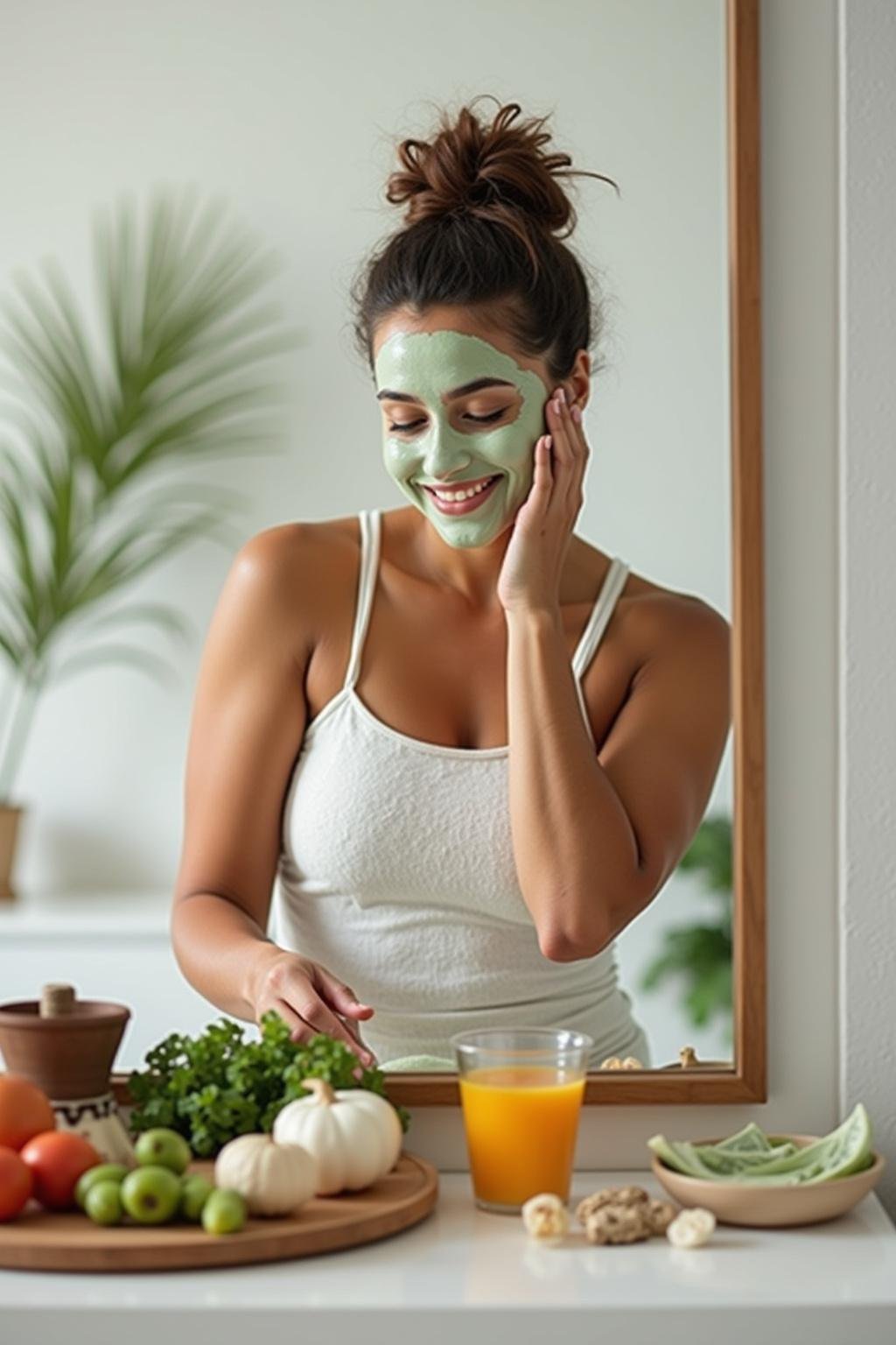 Woman applying DIY organic face mask with fresh ingredients in a clean bathroom representing clean beauty swaps in 2025