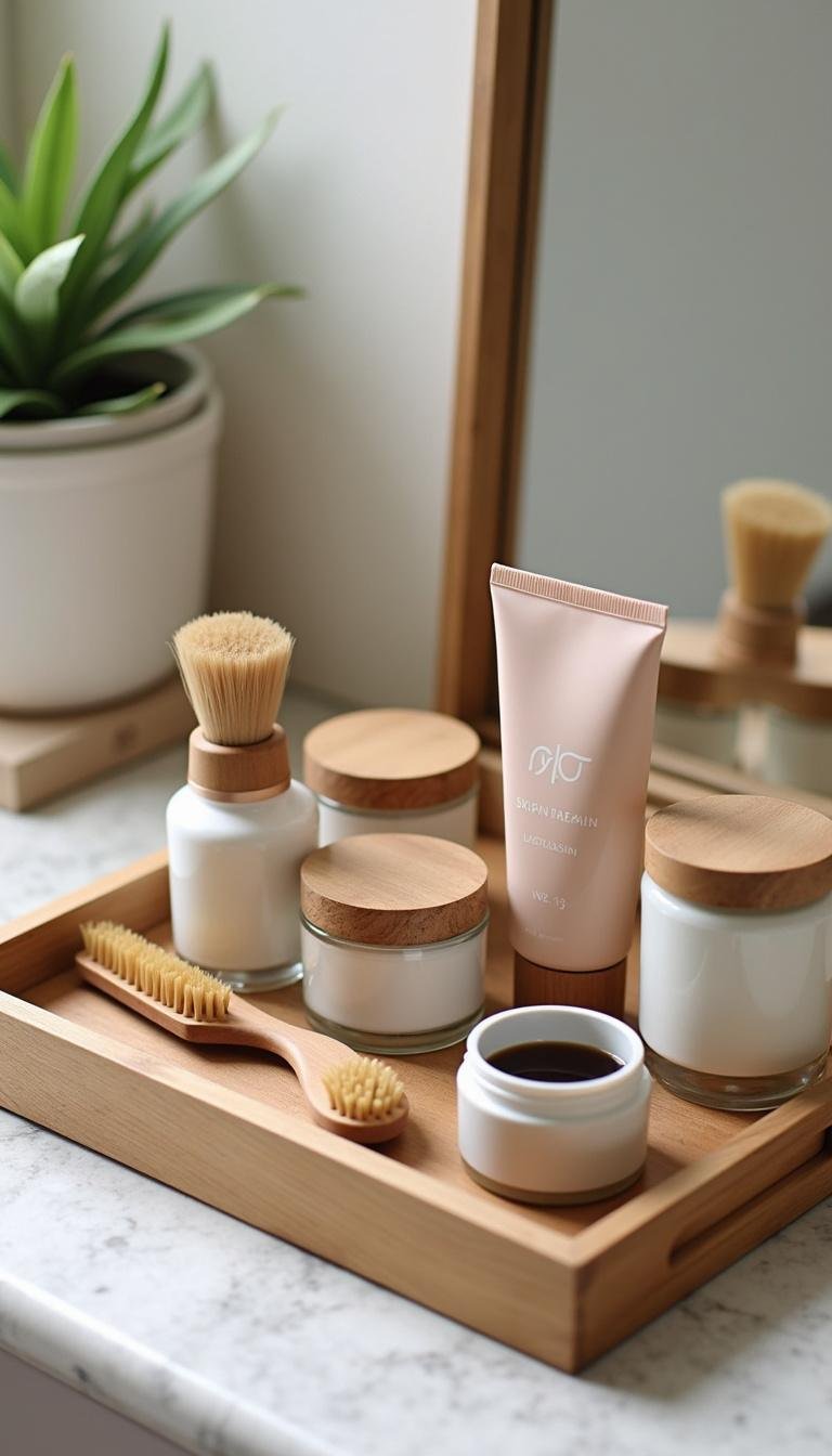 Eco-friendly beauty products like reusable jars and bamboo brushes on a tray highlighting sustainable beauty swaps for 2025