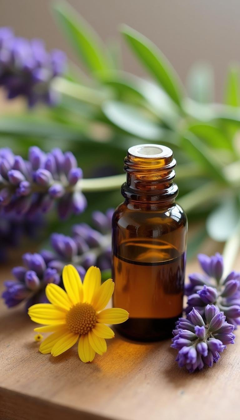 Close-up of aromatic essential oils with calming herbs such as lavender and chamomile for depression relief