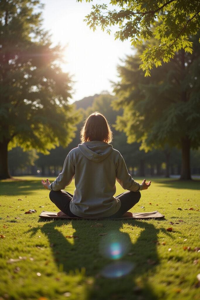 A person practicing meditation in a green park to boost mental health on the weekend