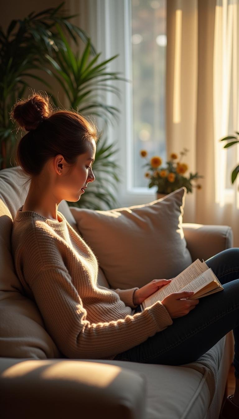 Individual relaxing with a book at home to enhance mental health on the weekend