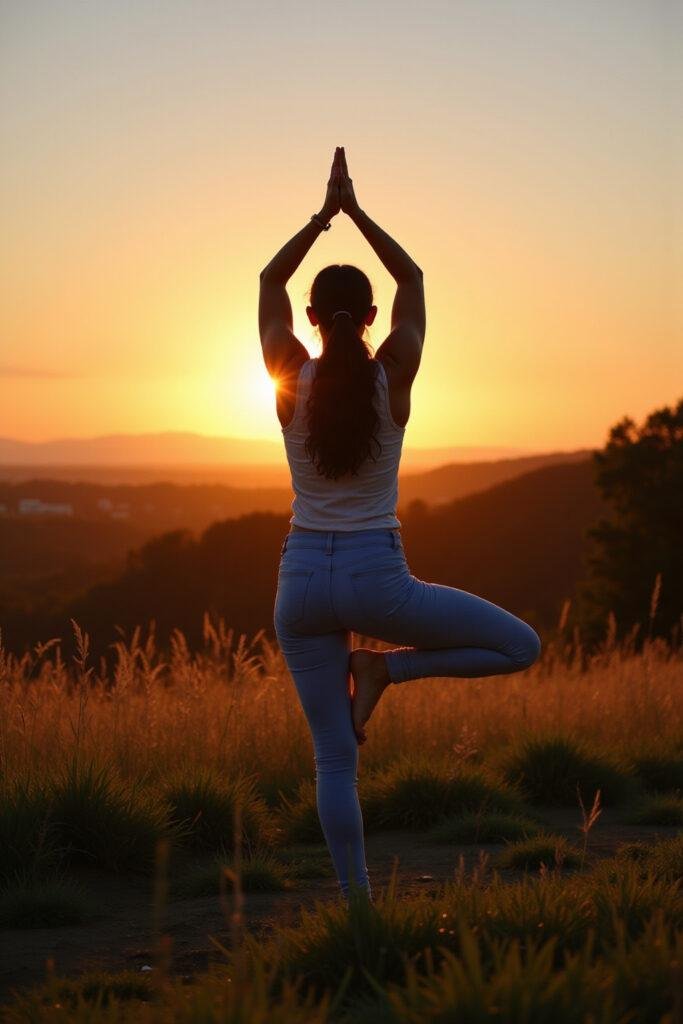 Woman doing yoga outdoors at sunrise for mental wellness and cycle syncing awareness.