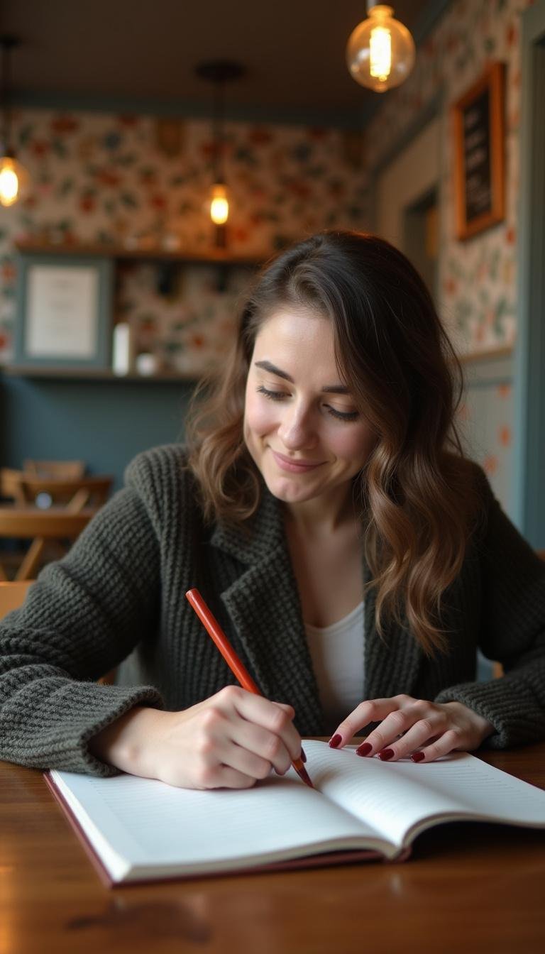 Woman journaling at a cafe, emphasizing self-care and mental health support through cycle syncing.