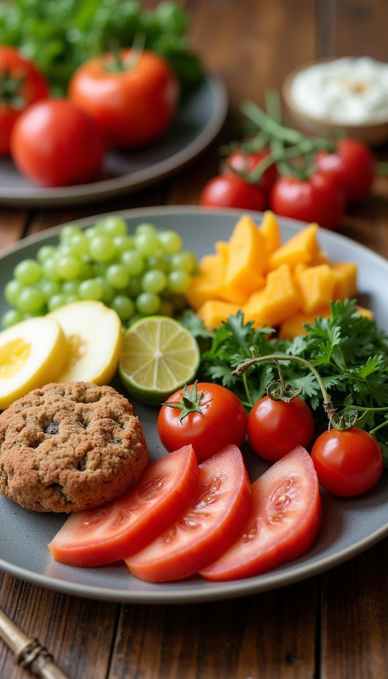 Healthy meal featuring fruits and vegetables promoting hormonal balance and mental health.