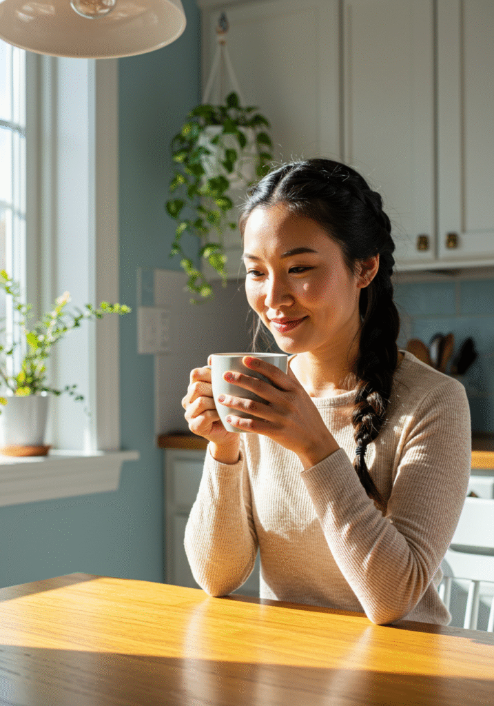 Individual calmly enjoying herbal tea made from adaptogens for emotional support at home
