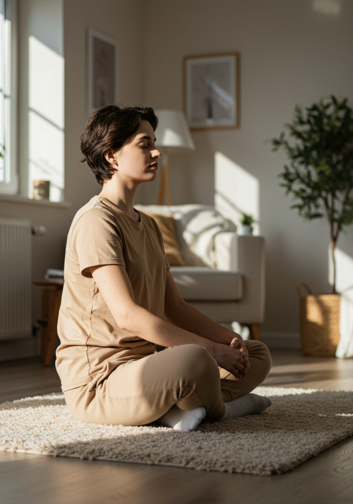 Beginner doing deep breathing exercises in a calm home setting to relax the nervous system.