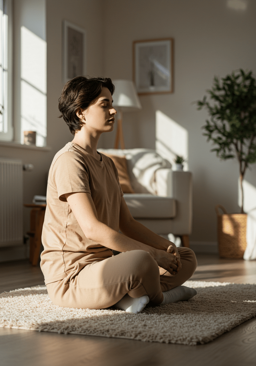 Beginner doing deep breathing exercises in a calm home setting to relax the nervous system.