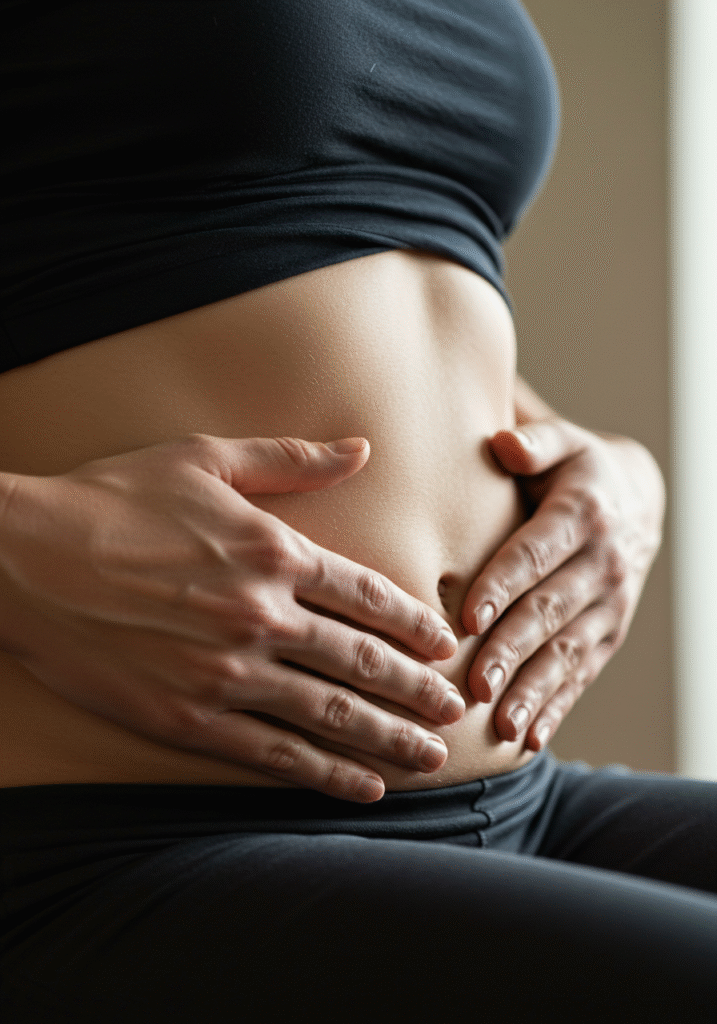Close-up of hands on belly demonstrating diaphragmatic breathing for relaxing the nervous system.
