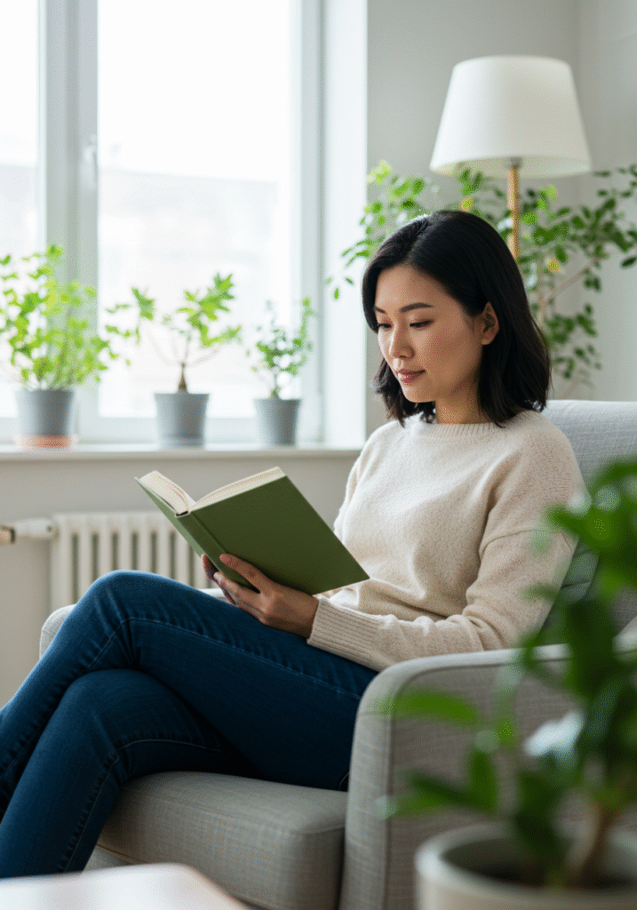 Woman engaging in mindful reading for mental health and personal growth.