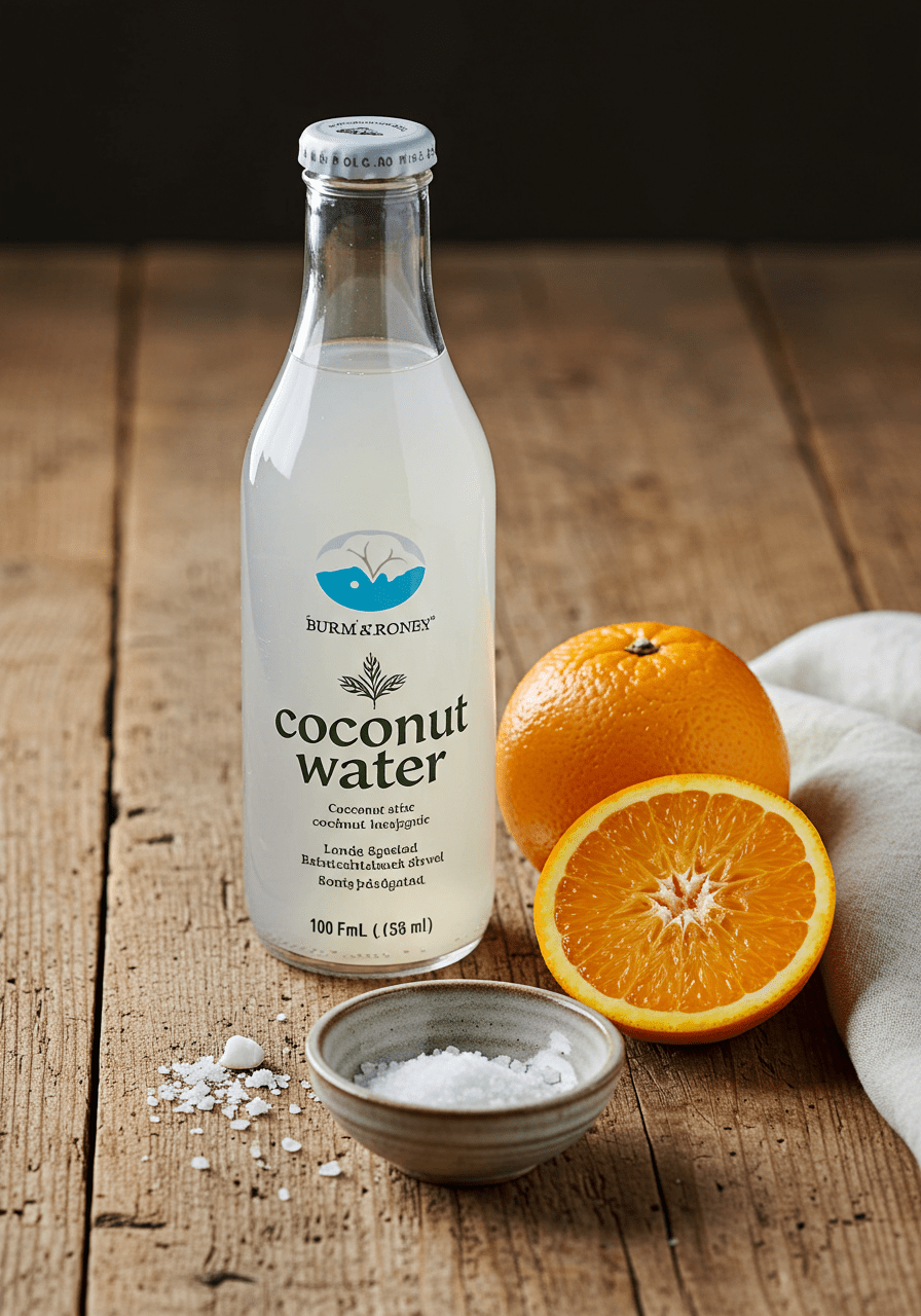 Flat lay of coconut water, a fresh orange, and sea salt on a rustic wooden table, ready to make an adrenal cocktail