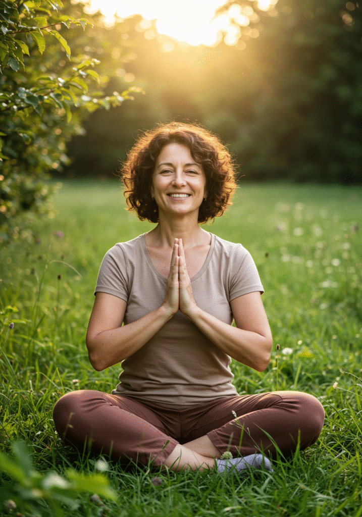 Happy woman meditating outdoors to find inner peace and happiness