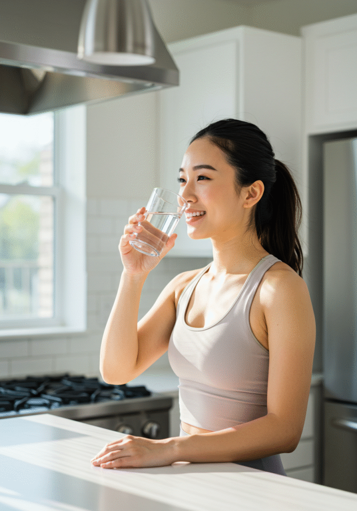 A cheerful person hydration promoting natural energy boost in a modern kitchen