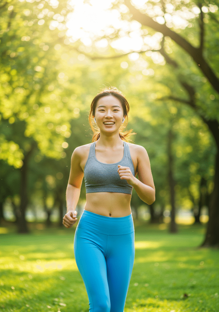 Young woman jogging in a park at sunrise, promoting healthy outdoor exercise