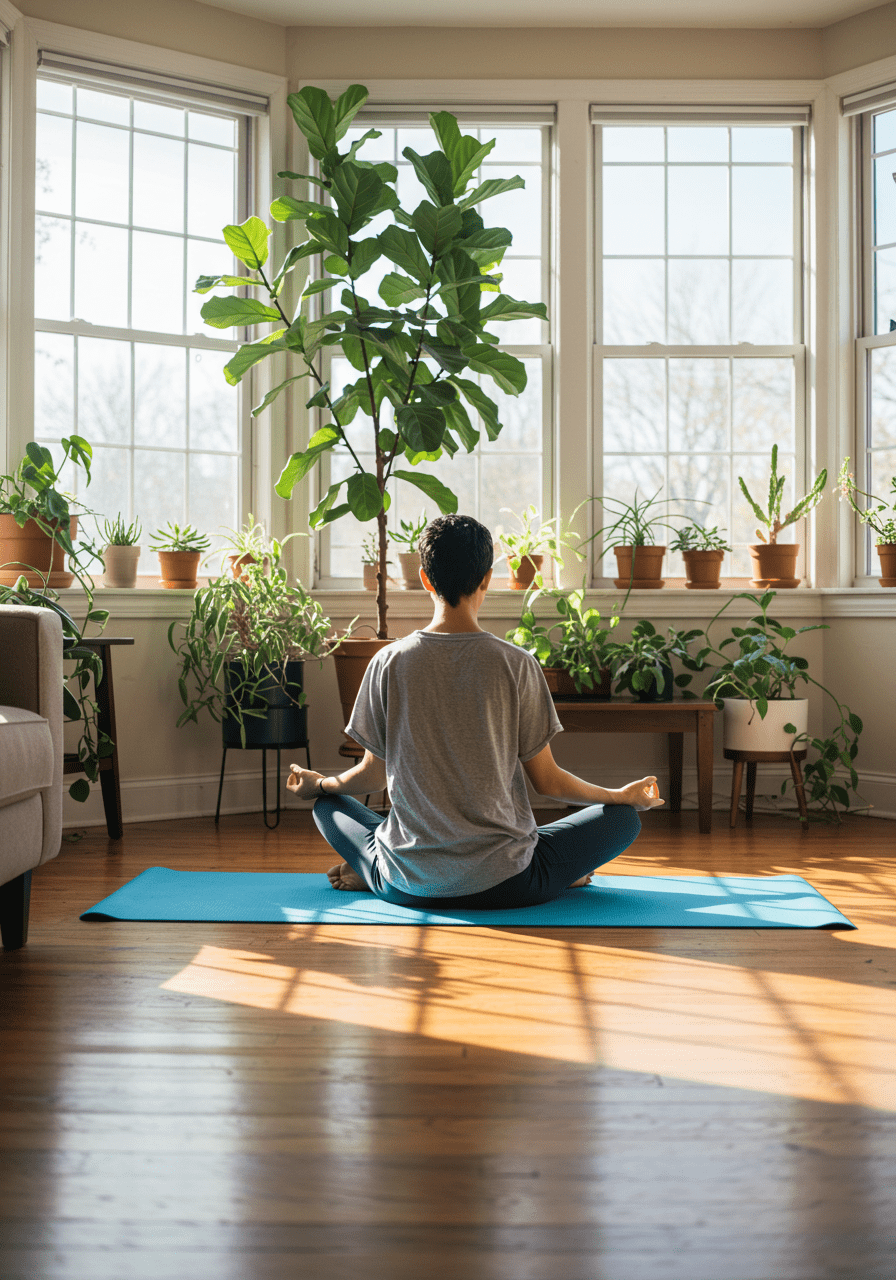 Individual doing yoga at home surrounded by plants and daylight, emphasizing mindfulness and flexibility