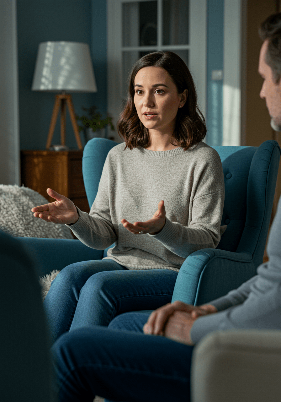 Woman confidently communicating boundaries in a comfortable home environment for mental peace