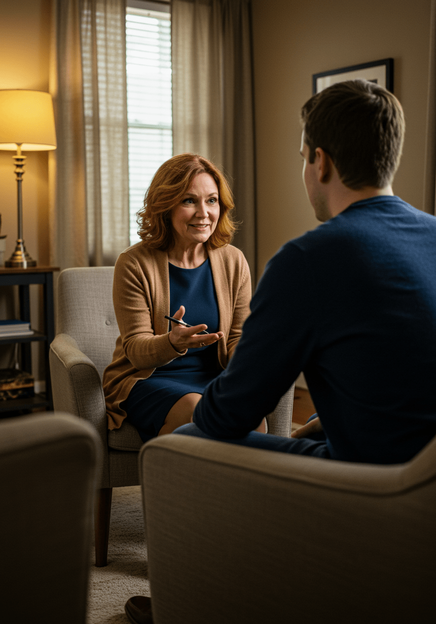 Therapist and client having a supportive session focused on mental health and boundaries