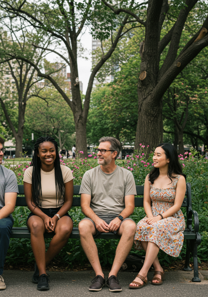 Friends engaging in a supportive chat about boundaries and mental well-being in a park