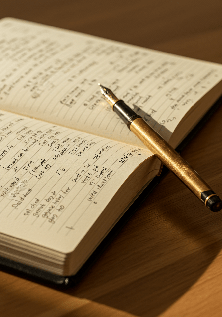 Open gratitude journal with positive handwritten notes, accompanied by a pen on a wooden desk