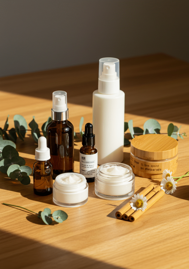Natural skincare products and DIY beauty ingredients on a wooden table demonstrating clean beauty swaps for 2025
