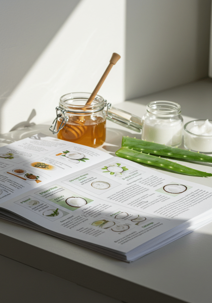 Open DIY skincare recipe booklet with natural ingredients such as honey, aloe vera, and coconut oil for eco-friendly beauty swaps