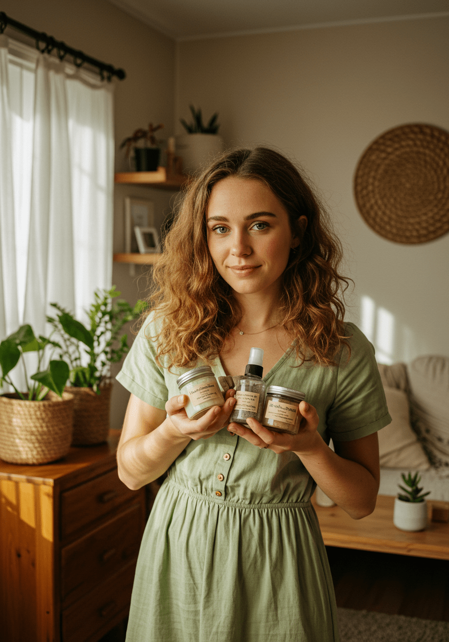 Young woman holding homemade natural skincare products in glass jars in an eco-friendly home setting illustrating clean beauty swaps for 2025