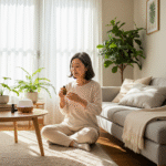 Person peacefully diffusing essential oils in a cozy home setting to reduce anxiety and depression