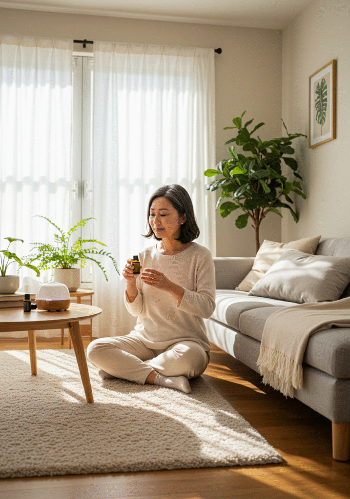 Person peacefully diffusing essential oils in a cozy home setting to reduce anxiety and depression