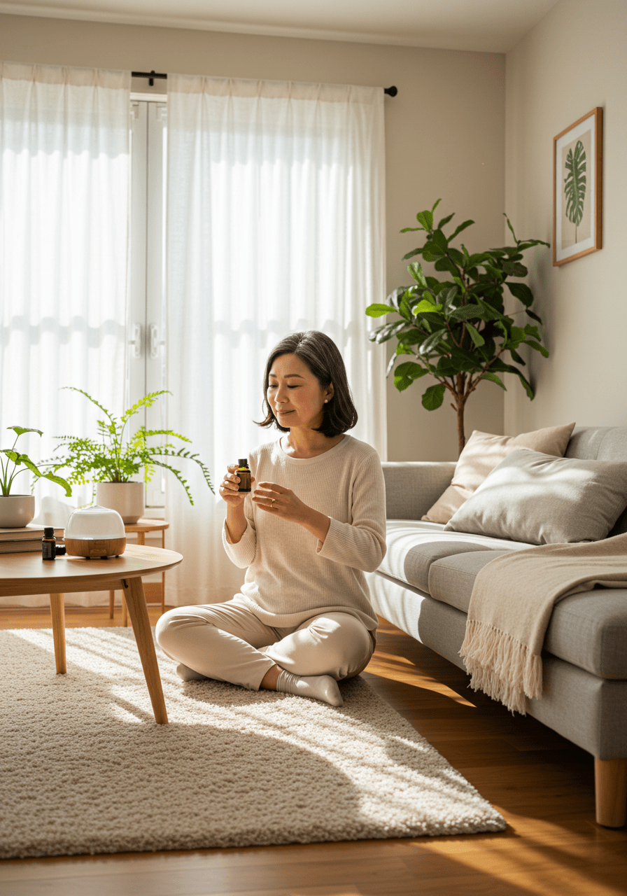 Person peacefully diffusing essential oils in a cozy home setting to reduce anxiety and depression