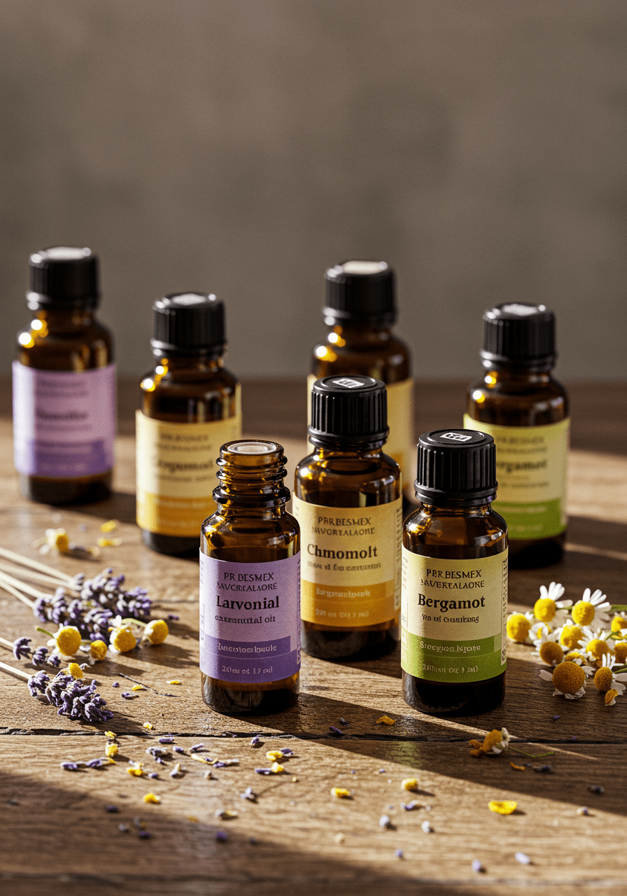 Variety of essential oils like lavender, chamomile, bergamot, and ylang-ylang on a wooden table for mental well-being