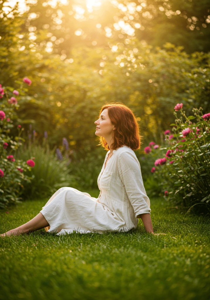 Woman relaxing in a garden symbolizing natural support for hormone-driven mood swings in PMDD
