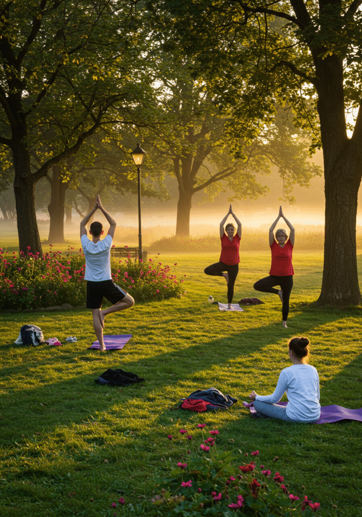 People practicing yoga outdoors in a park to enhance daily energy levels