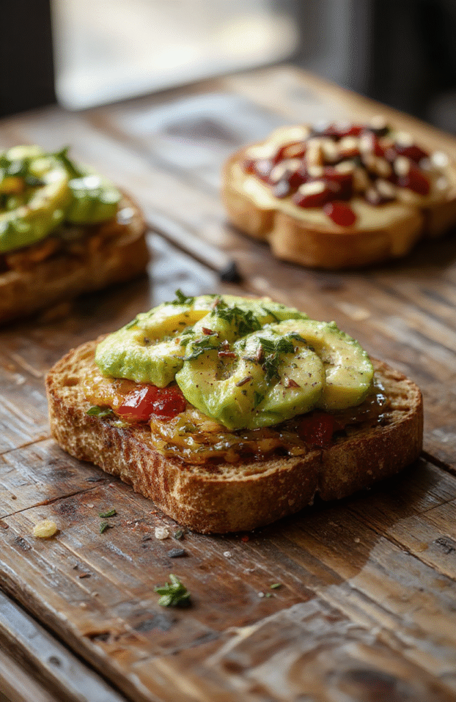 Colorful assortment of avocado toast varieties arranged on a rustic wooden plate, featuring sliced ripe avocados, cherry tomatoes, and herbs, with a spread of creamy avocado on toasted bread, styled with fresh toppings, vibrant colors, and textured surfaces.