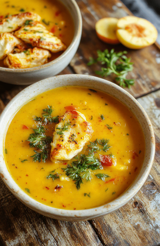 A vibrant bowl of golden turmeric chicken soup topped with fresh herbs and cracked pepper, surrounded by slices of chicken, turmeric root, and colorful vegetables on a rustic wooden table.